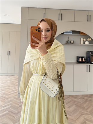 Stew Çizgili Şal Detaylı Broşlu Elbise Sarı (1908)