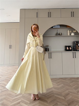 Stew Çizgili Şal Detaylı Broşlu Elbise Sarı (1908)