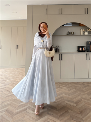 Stew Çizgili Şal Detaylı Broşlu Elbise Bebe Mavisi (1908)