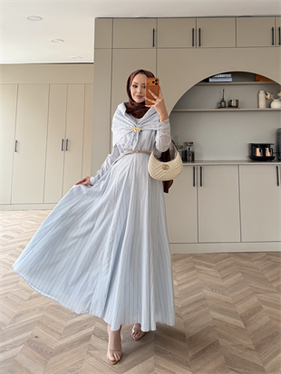 Stew Çizgili Şal Detaylı Broşlu Elbise Bebe Mavisi (1908)