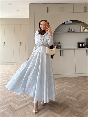 Stew Çizgili Şal Detaylı Broşlu Elbise Bebe Mavisi (1908)