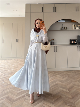 Stew Çizgili Şal Detaylı Broşlu Elbise Bebe Mavisi (1908)