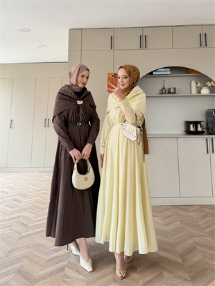 Stew Çizgili Şal Detaylı Broşlu Elbise Kahve (1908)