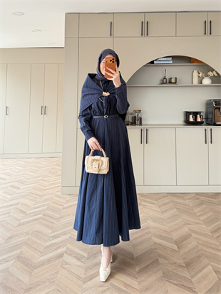 Stew Çizgili Şal Detaylı Broşlu Elbise Lacivert (1908)