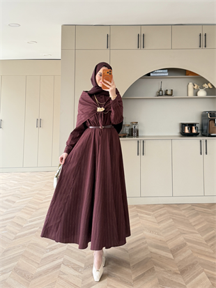 Stew Çizgili Şal Detaylı Broşlu Elbise Mürdüm (1908)