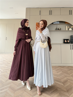 Stew Çizgili Şal Detaylı Broşlu Elbise Mürdüm (1908)