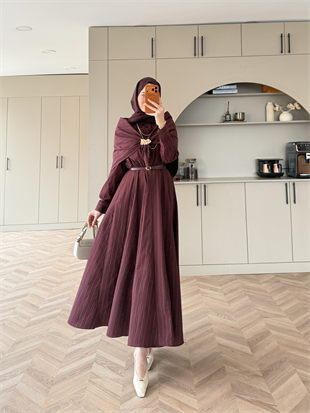 Stew Çizgili Şal Detaylı Broşlu Elbise Mürdüm (1908)