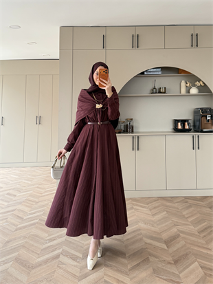 Stew Çizgili Şal Detaylı Broşlu Elbise Mürdüm (1908)