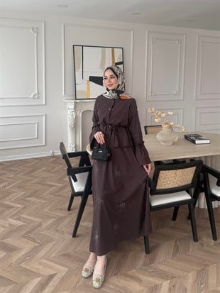 Seul Taş Detaylı Etekli Takım Acı Kahve (8337)