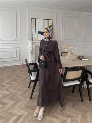 Seul Taş Detaylı Etekli Takım Acı Kahve (8337)