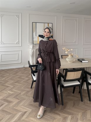 Seul Taş Detaylı Etekli Takım Acı Kahve (8337)