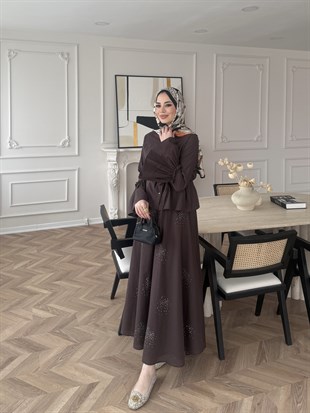 Seul Taş Detaylı Etekli Takım Acı Kahve (8337)