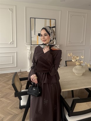 Seul Taş Detaylı Etekli Takım Acı Kahve (8337)