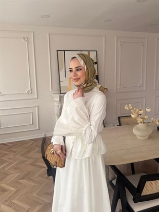 Seul Taş Detaylı Etekli Takım Beyaz (8337)