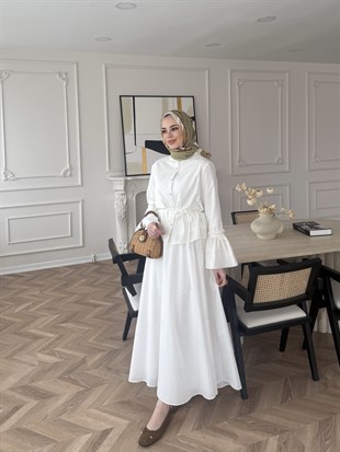 Seul Taş Detaylı Etekli Takım Beyaz (8337)