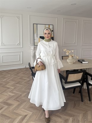 Seul Taş Detaylı Etekli Takım Beyaz (8337)