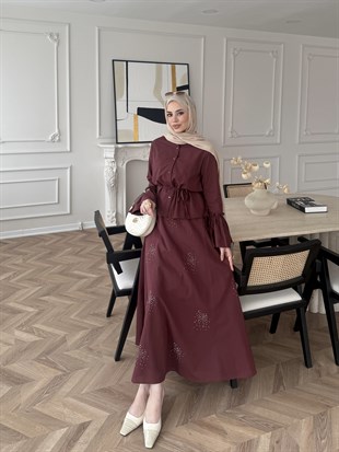 Seul Taş Detaylı Etekli Takım Kiremit (8337)