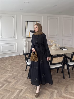 Seul Taş Detaylı Etekli Takım Siyah (8337)