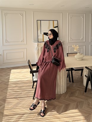 Seville Çiçek Baskılı Etekli Takım Bordo (5737)