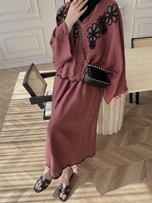 Seville Çiçek Baskılı Etekli Takım Bordo (5737)