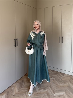 Seville Çiçek Baskılı Etekli Takım Petrol Yeşili (5737)