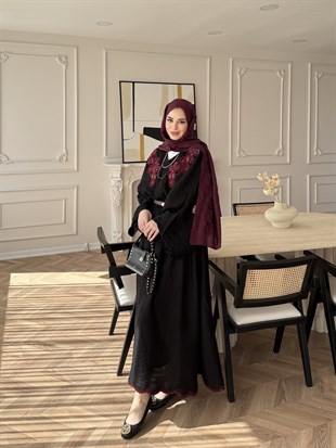 Seville Çiçek Baskılı Etekli Takım Siyah (5737)