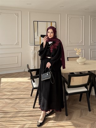 Seville Çiçek Baskılı Etekli Takım Siyah (5737)