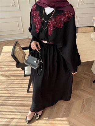 Seville Çiçek Baskılı Etekli Takım Siyah (5737)