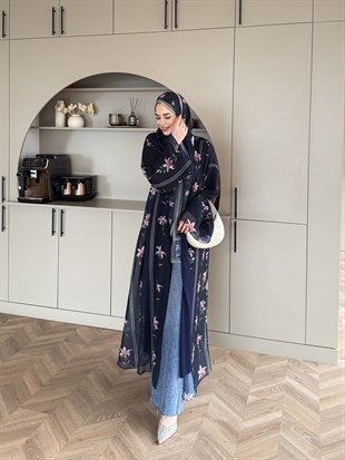 Sharm Şallı Kimono/Abaya Pembe-Lacivert (708)
