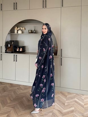 Sharm Şallı Kimono/Abaya Pembe-Lacivert (708)