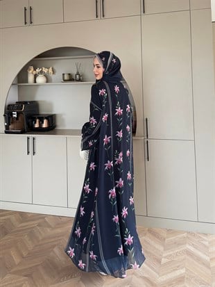 Sharm Şallı Kimono/Abaya Pembe-Lacivert (708)