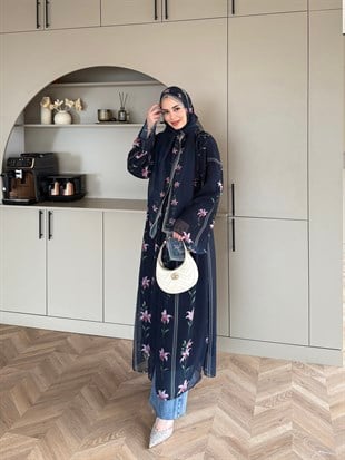 Sharm Şallı Kimono/Abaya Pembe-Lacivert (708)