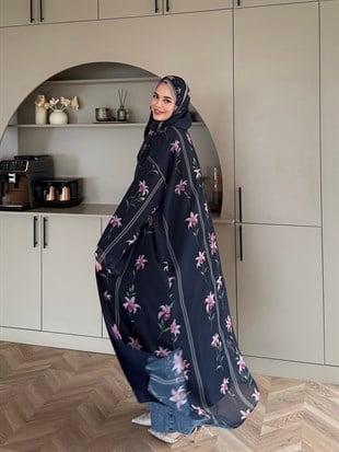 Sharm Şallı Kimono/Abaya Pembe-Lacivert (708)