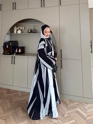 Sharm Şallı Kimono/Abaya Siyah-Beyaz (708)