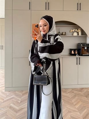 Sharm Şallı Kimono/Abaya Siyah-Beyaz (708)