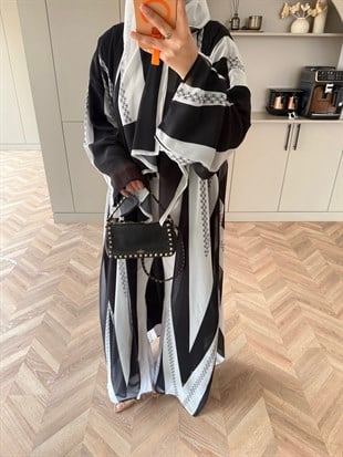 Sharm Şallı Kimono/Abaya Siyah-Beyaz (708)