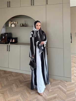 Sharm Şallı Kimono/Abaya Siyah-Beyaz (708)