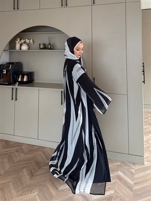 Sharm Şallı Kimono/Abaya Siyah-Beyaz (708)
