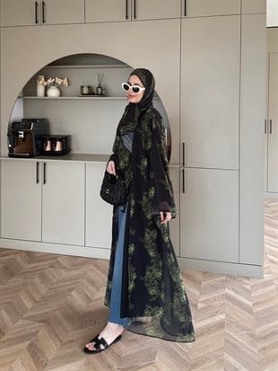 Sharm Şallı Kimono/Abaya Yeşil-Siyah (708)