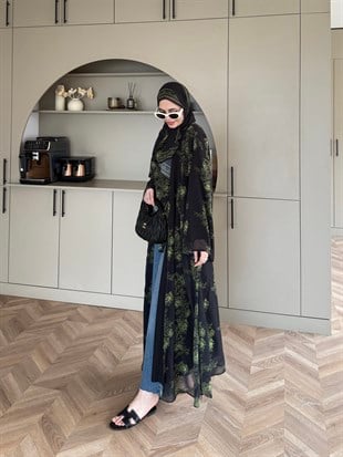 Sharm Şallı Kimono/Abaya Yeşil-Siyah (708)