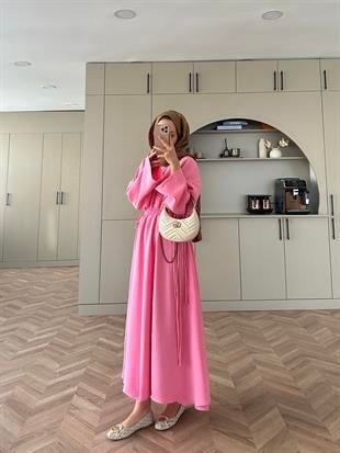 Shaw Büzgülü Elbise Pembe