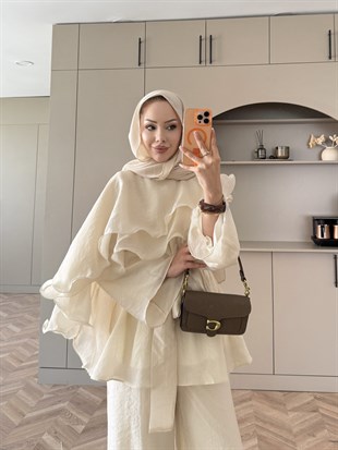 Shırley Fırfırlı Pantolonlu Takım Bej (8615)