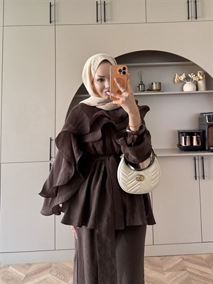 Shırley Fırfırlı Pantolonlu Takım Kahve (8615)