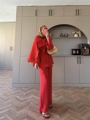 Shirley Fırfırlı Pantolonlu Takım Kırmızı (8615)