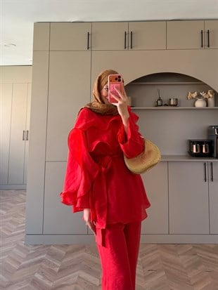 Shirley Fırfırlı Pantolonlu Takım Kırmızı (8615)