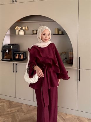 Shırley Fırfırlı Pantolonlu Takım Mürdüm (8615)