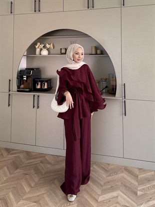 Shırley Fırfırlı Pantolonlu Takım Mürdüm (8615)