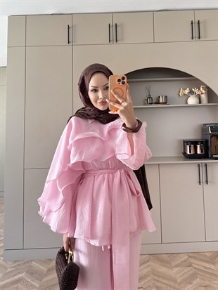 Shırley Fırfırlı Pantolonlu Takım Pembe (8615)