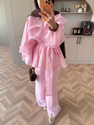 Shırley Fırfırlı Pantolonlu Takım Pembe (8615)