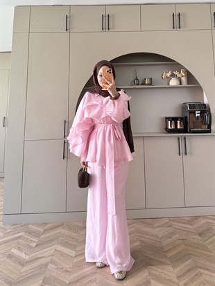Shırley Fırfırlı Pantolonlu Takım Pembe (8615)